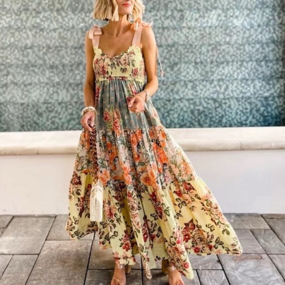 Free People Dresses & Skirts - Free People Floral Tiered Maxi Dress in Sage, Yellow & Pink